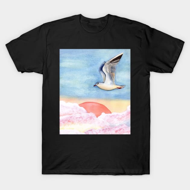 Seagull flying over pastel clouds T-Shirt by Sandraartist